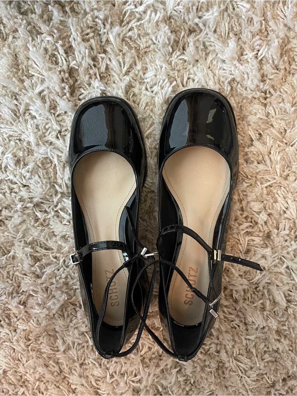 SCHUTZ Black Patent Mary Jane Flats with Ankle Straps